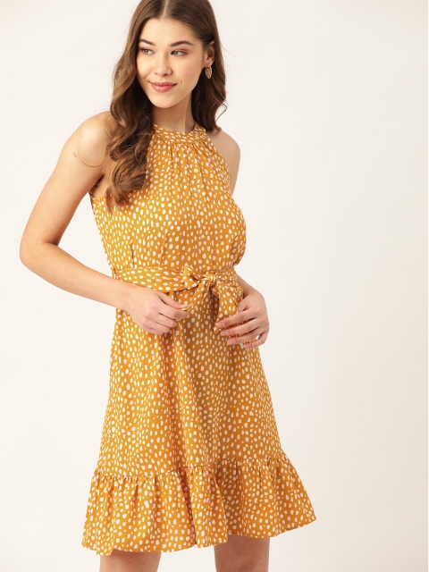 

DressBerry Women Mustard Yellow & White Printed A-Line Dress