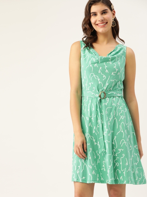 

DressBerry Women Green & White Printed A-Line Dress
