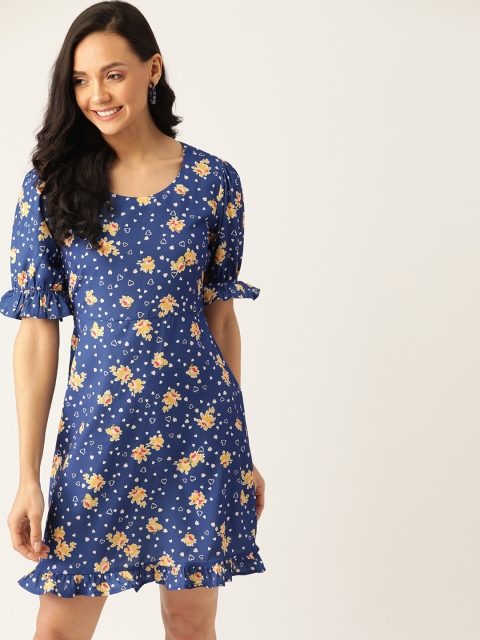 

DressBerry Women Blue & Yellow Floral Printed A-Line Dress