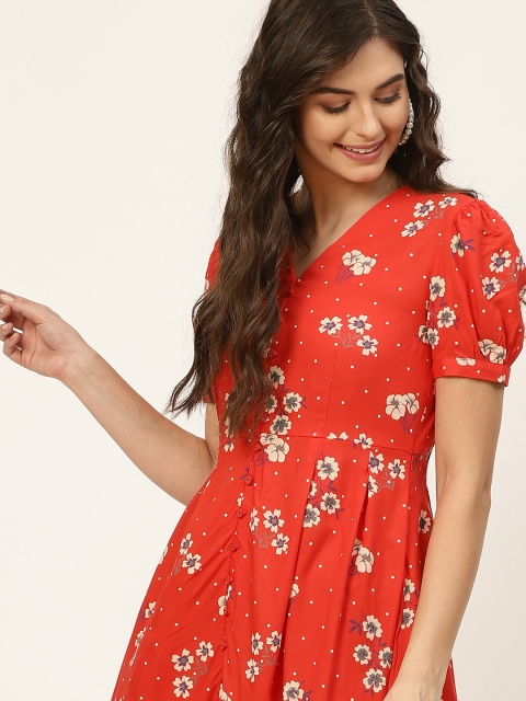 

DressBerry Orange & Off White Floral Sustainable ECOVERO A-Line Dress