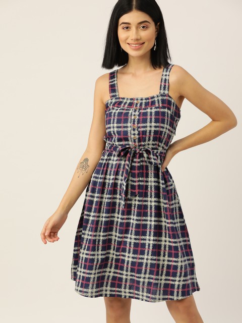 

DressBerry Women Navy Blue & Pink Checked A-Line Sustainable ECOVERO Dress