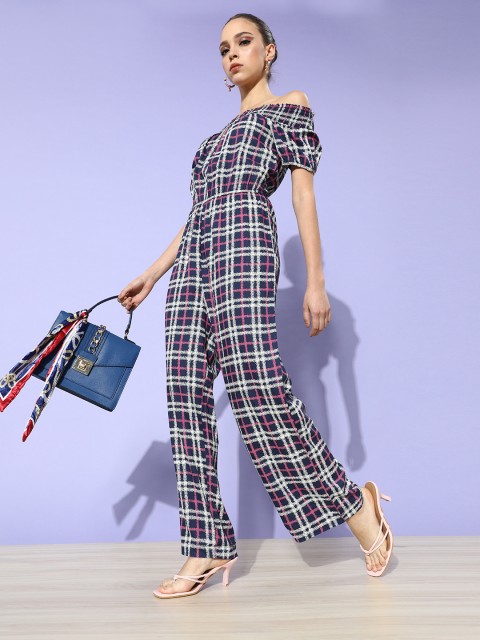 

DressBerry Women Navy Blue & Pink Checked EcoVera Off-Shoulder Basic Sustainable ECOVERO Jumpsuit