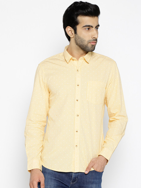 

John Players Yellow Checked Dot Print Trim Casual Shirt