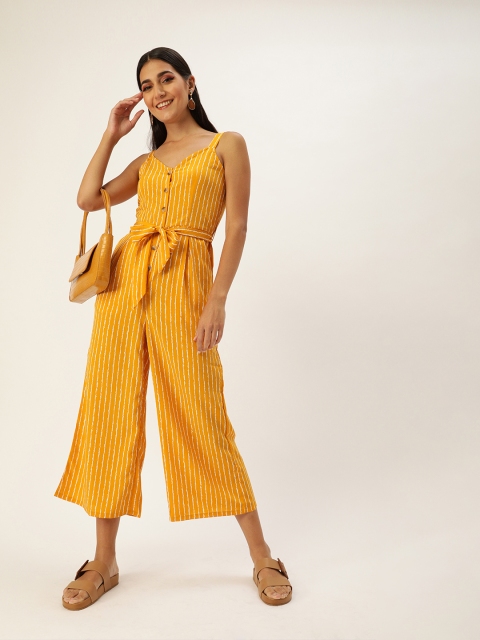 

DressBerry Women Mustard Yellow & White Striped Cropped Jumpsuit With Belt