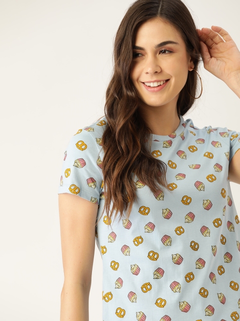 

DressBerry Women Blue & Mustard Yellow Pure Cotton Printed Lounge T-Shirt
