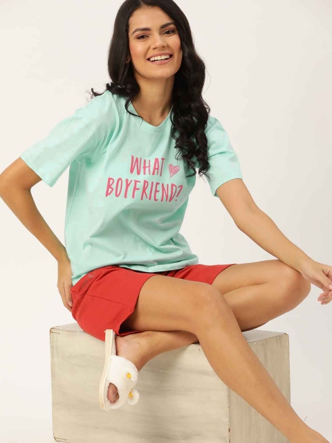 

DressBerry Women Sea Green & Pink Pure Cotton Printed Lounge Tshirt