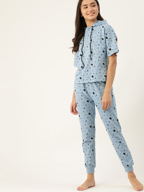 

DressBerry Women Blue & Black Printed Cotton Night suit