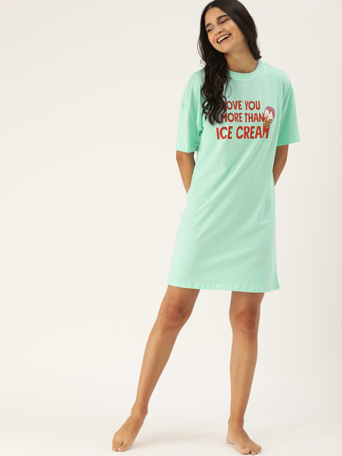 

DressBerry Women Blue & Rust Orange Pure Cotton Printed Above Knee Length Sleep T-shirt