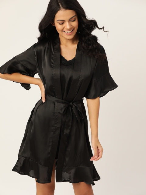 

DressBerry Black Solid Satin Baby Doll With Robe