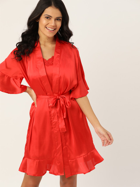 

DressBerry Red Solid Satin Baby Doll With Robe