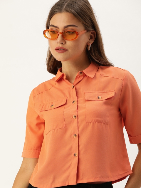 

DressBerry Women Orange Solid Boxy Fit Crop Casual Shirt