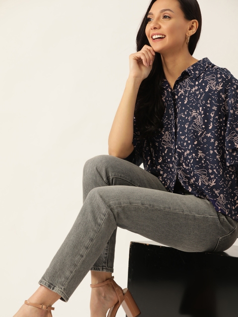 

DressBerry Women Navy Blue & Pink Boxy Fit Quirky Printed Casual Sustainable ECOVERO Shirt