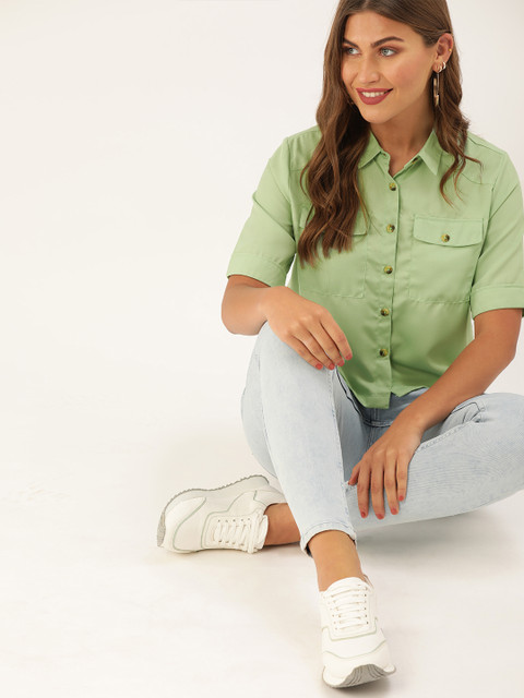

DressBerry Women Sea Green Solid Boxy Fit Crop Casual Shirt