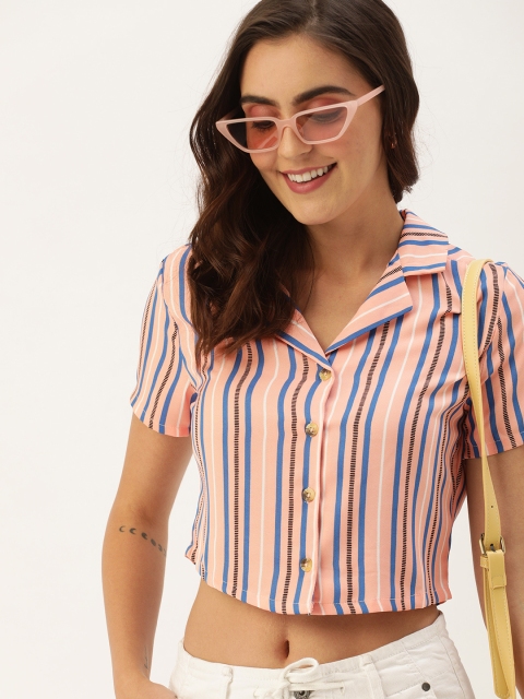 

DressBerry Women Peach-Coloured & Blue Striped Crop Shirt