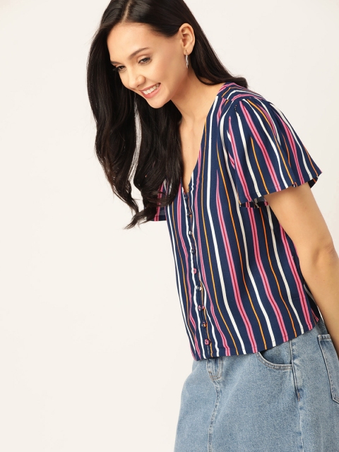 

DressBerry Sustainable ECOVERO Women Navy Blue & White Striped Shirt Style Top
