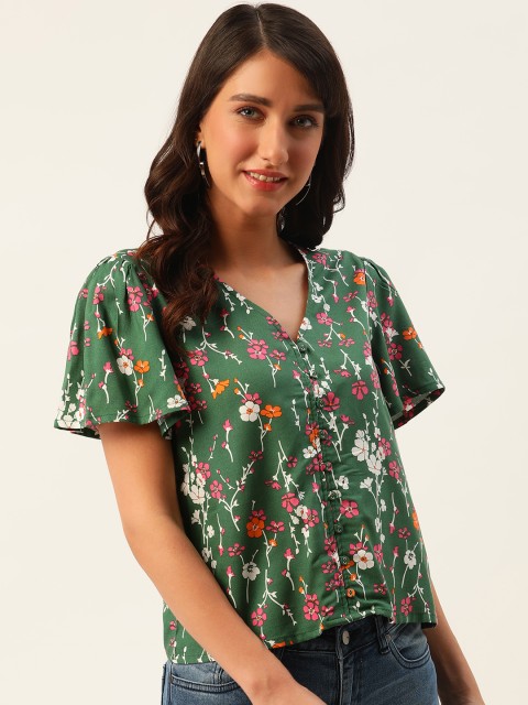 

DressBerry Green & Pink Ecovero Sustainable Floral Print Regular Top