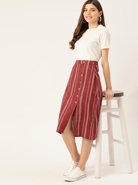 

DressBerry Women Rust Red & White Pure Cotton Striped Straight Skirt