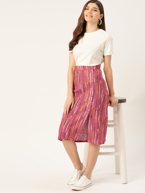 

DressBerry Women Pink & Navy Blue Pure Cotton Printed Straight Skirt