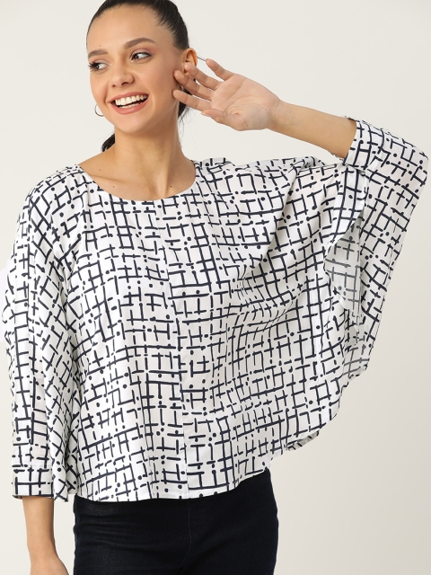 

DressBerry Sustainable ECOVERO Women White & Navy Blue Printed A-Line Top