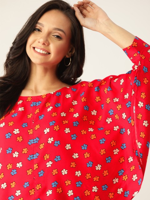

DressBerry Sustainable ECOVERO Women Red & Blue Floral Print Batwing Sleeved Top