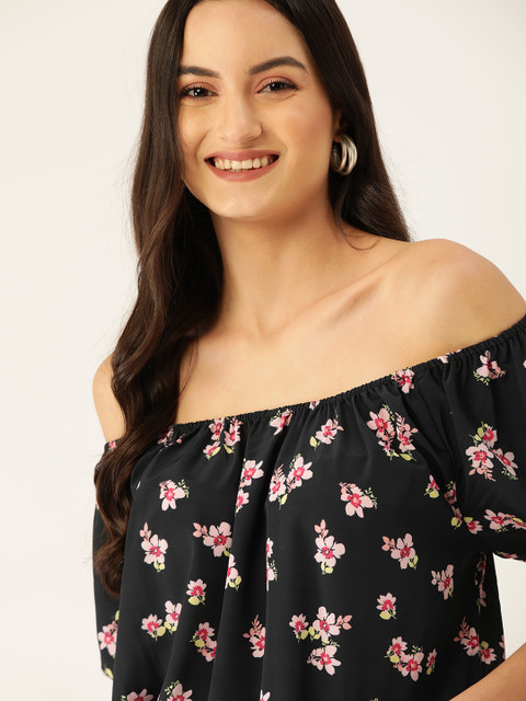 

DressBerry Women Black & Pink Floral Printed Cinched Waist Top