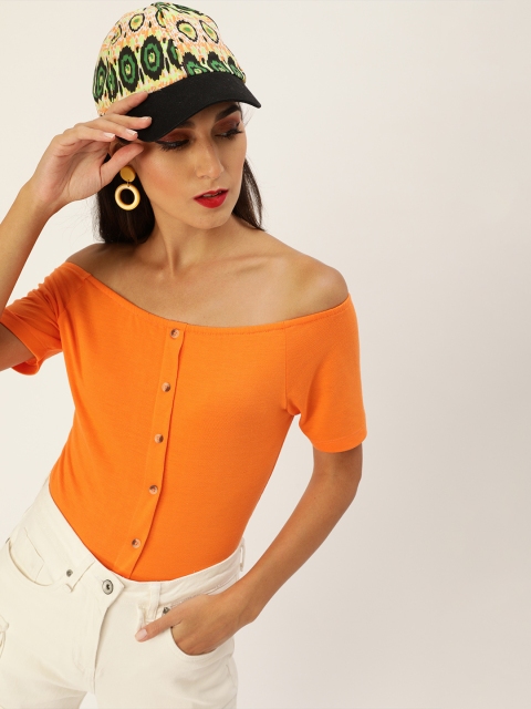 

DressBerry Orange Solid Off-Shoulder Bardot Top