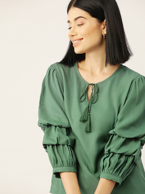 

Dressberry Women Green Solid Puff Sleeves Top