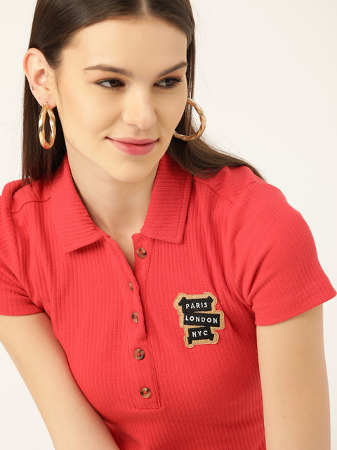 

DressBerry Women Red Ribbed Polo Collar T-shirt