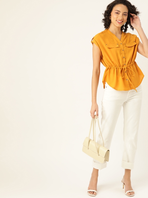 

DressBerry Women Mustard Yellow Solid Cinched Waist Top
