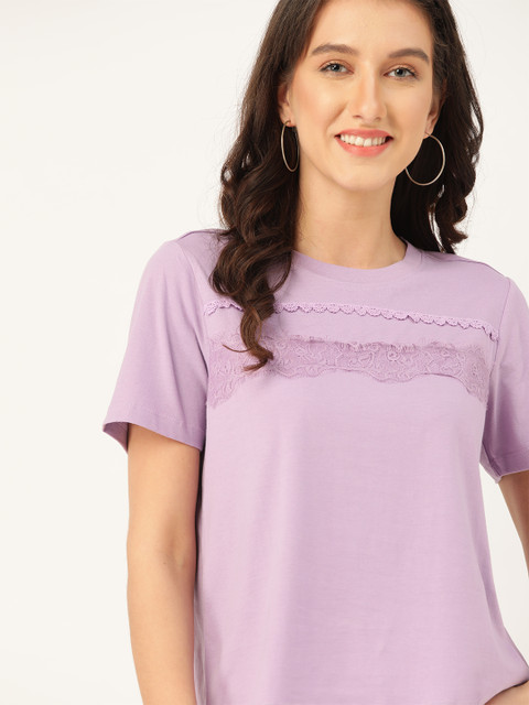 

DressBerry Women Lavender Pure Cotton Solid Round Neck Pure Cotton T-shirt