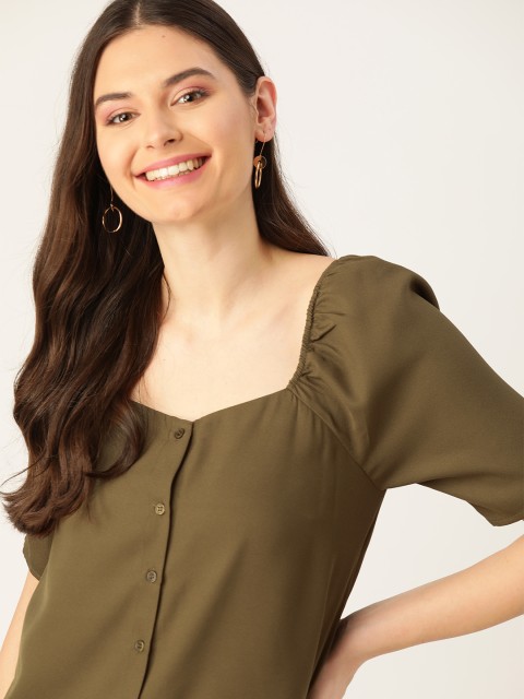 

DressBerry Women Olive Green Solid Front-Open Top