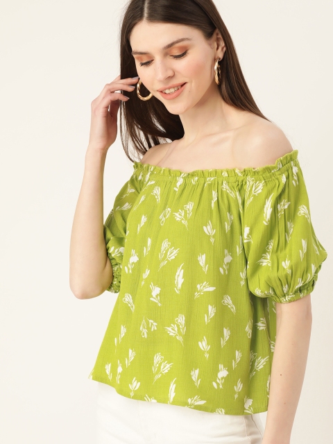 

DressBerry Sustainable ECOVERO Women Green & Off-White Floral Print Off-Shoulder Bardot Top