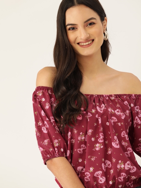 

DressBerry Women Burgundy & Pink Floral Printed Cinched Waist Top