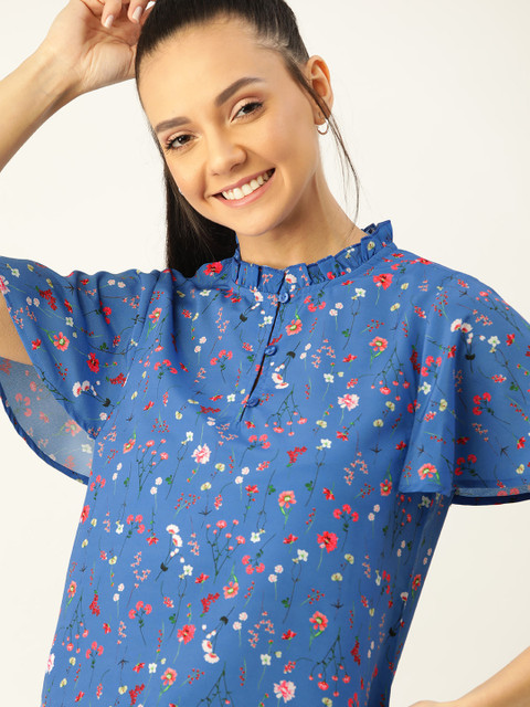 

DressBerry Women Blue & Pink Floral Print Top