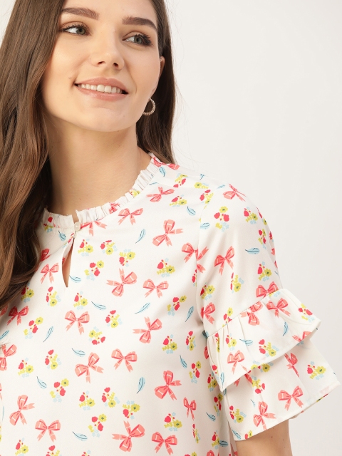 

DressBerry Off-White & Peach-coloured Printed Keyhole Neck Bell Sleeves Regular Top