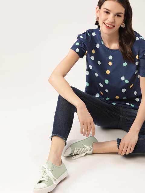 

DressBerry Women Navy Blue & Yellow Printed Top