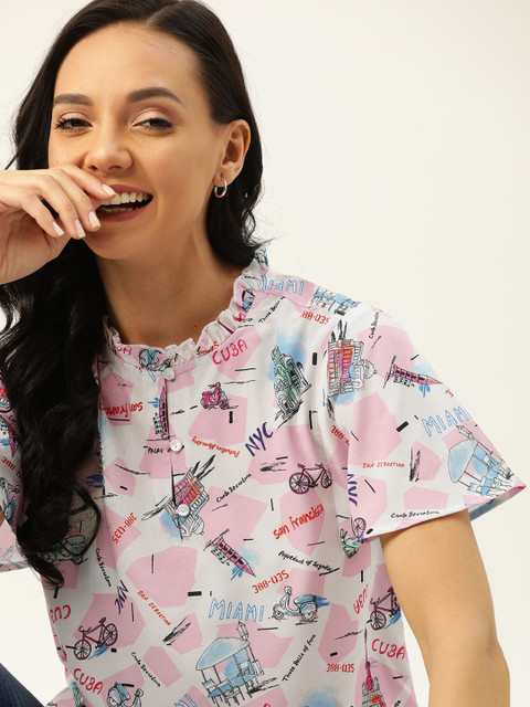 

DressBerry Women White & Pink Printed Top