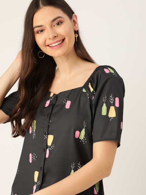

DressBerry Women Black & Pink Vase Print Front-Open Top