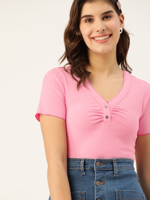 

DressBerry Women Pink Ribbed Fitted Top
