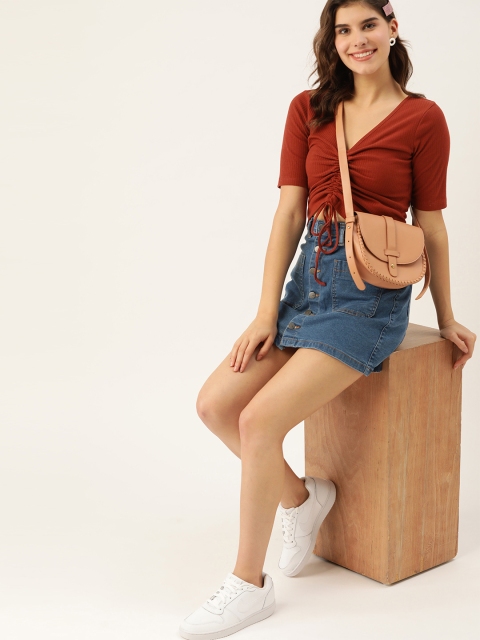 

DressBerry Women Brown Ribbed Ruched Top