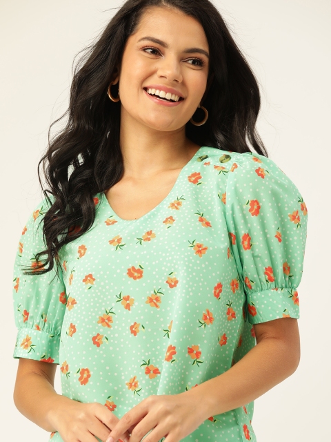 

DressBerry Women Green & Orange Floral Print Top