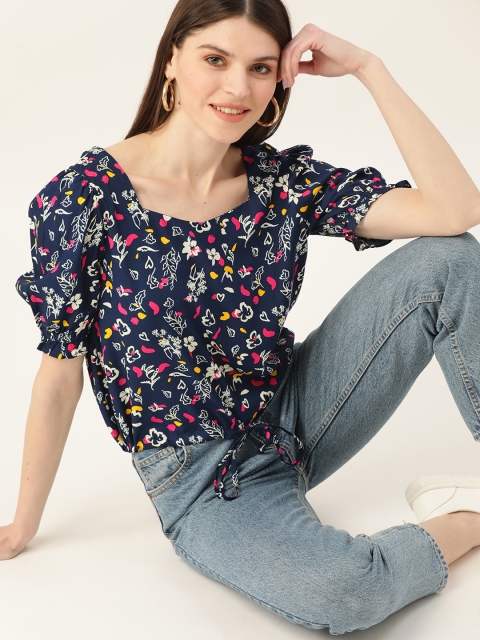 

DressBerry Sustainable ECOVERO Women Navy & Pink Printed Blouson Top, Navy blue