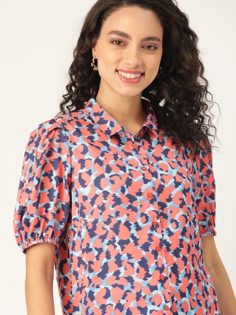 

DressBerry Women Coral Pink & Blue Regular Fit Printed Casual Shirt