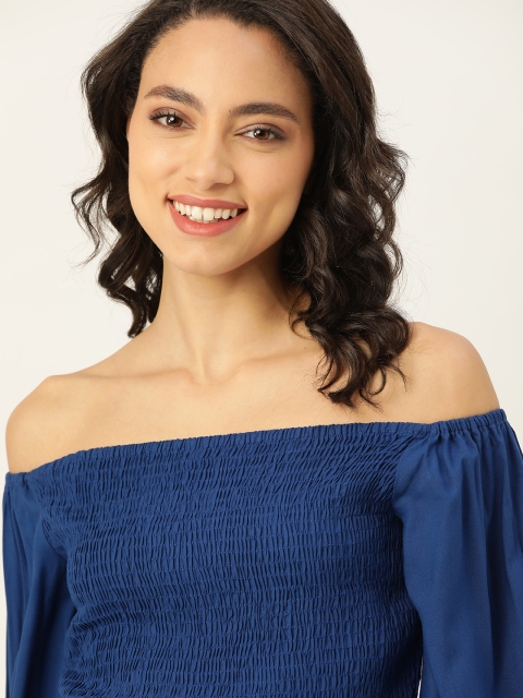 

DressBerry Sustainable ECOVERO Women Navy Blue Solid Smocked Bardot Top