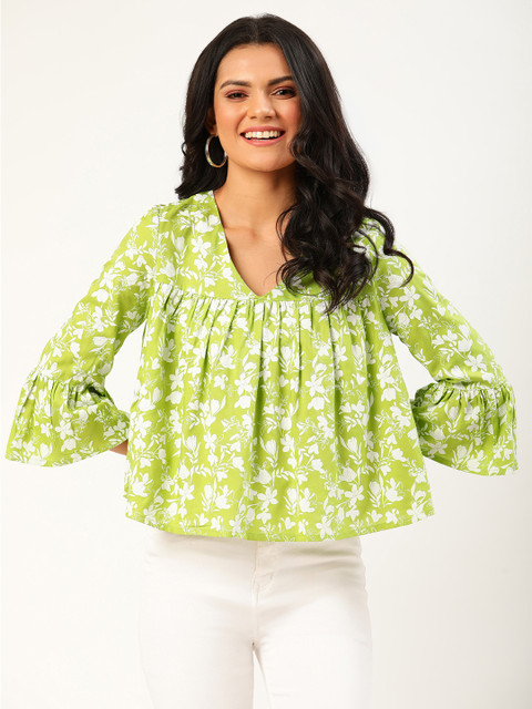 

DressBerry Sustainable ECOVERO Green & White Floral Printed A-Line Top