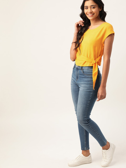 

DressBerry Sustainable ECOVERO Women Mustard Yellow Solid Cinched Waist Top