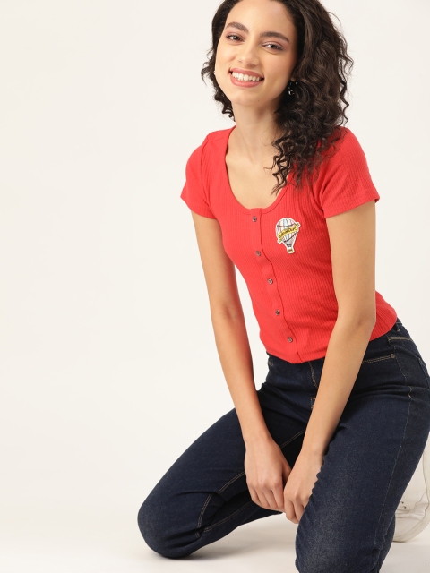 

DressBerry Women Red Ribbed Fitted Top