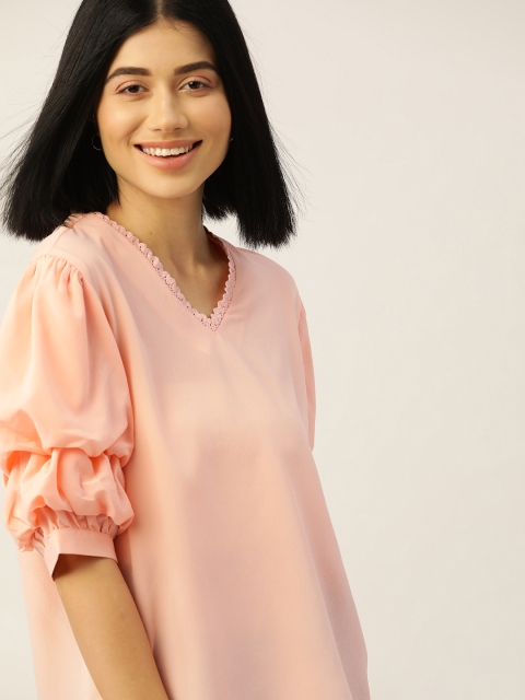 

Dressberry Peach-Coloured Solid Puff Sleeves Top