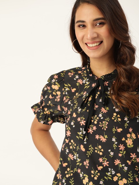 

DressBerry Women Black & Peach-Coloured Floral Print Top