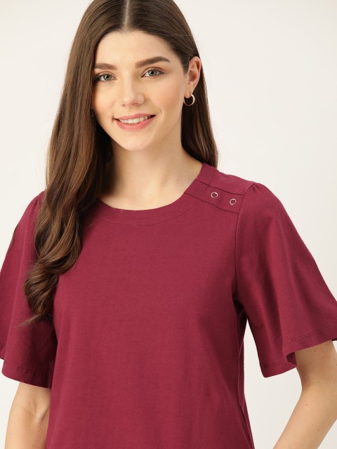 

DressBerry Maroon Solid Pure Cotton Flared Sleeves Top